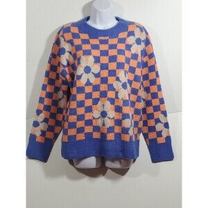 Davi & Dani Size Med Soft Floral Checked Long Sleeve Sweater Orange Blue